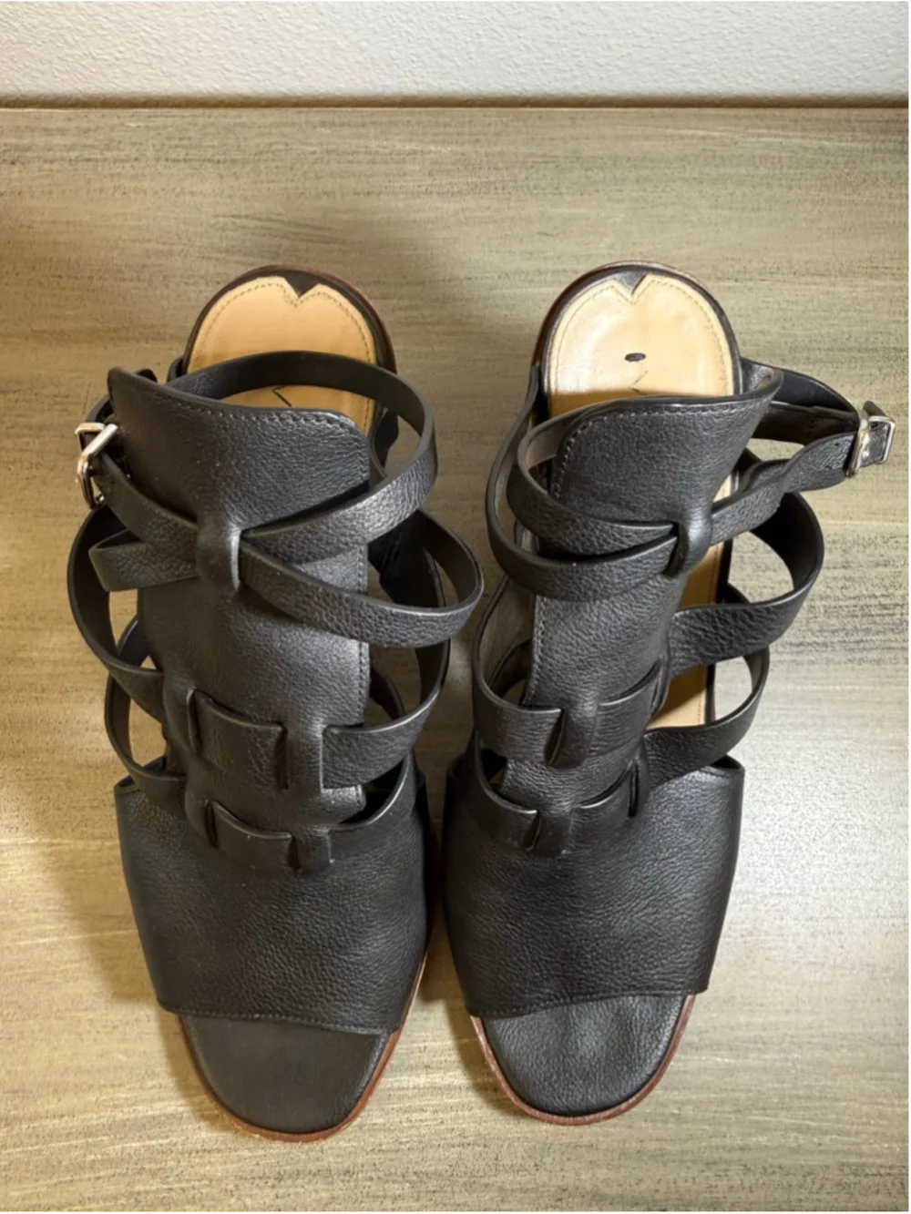Via Spiga Brandina Black Leather Strappy Block Heel Cage Sandals Size 9M